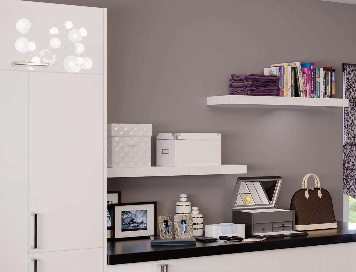 Light wood open closet system with shelves and hanging rods